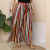 Plus-Size Women Color Blocking Stripe Pattern High-Slit Wide-Leg Casual Vacation Pants