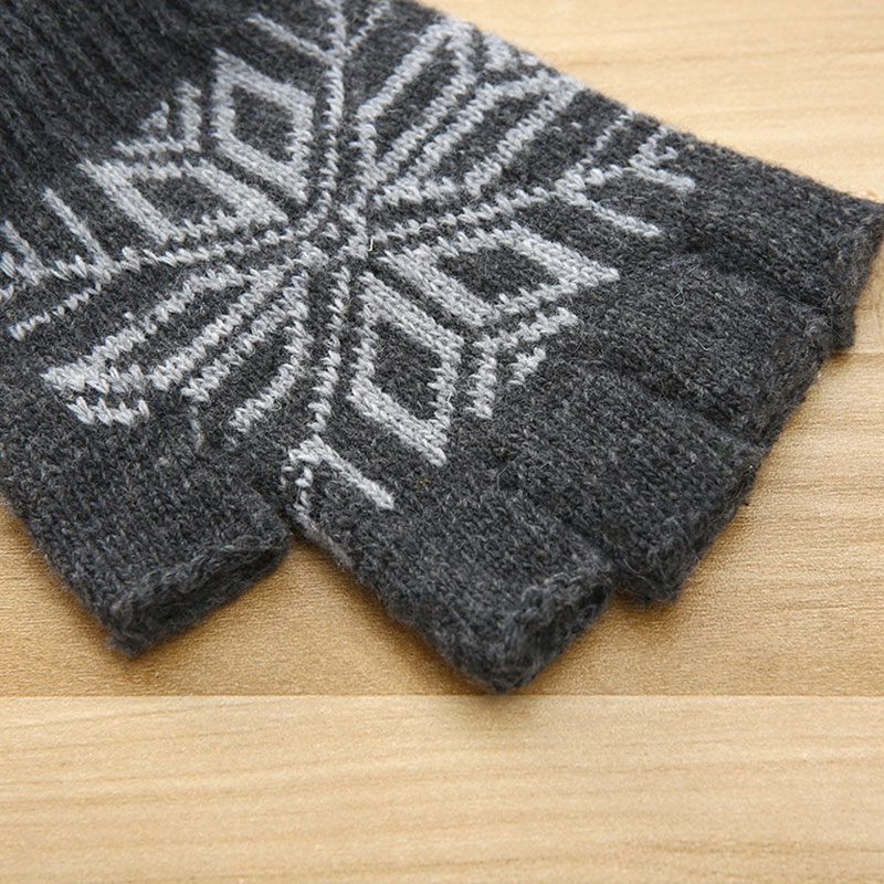 Men Winter Snowflake Pattern Warm Fingerless Knit Gloves