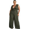 Plus Size Women Pleated Vest Sleeveless V-Neck Waist Wide-Leg Jumpsuit