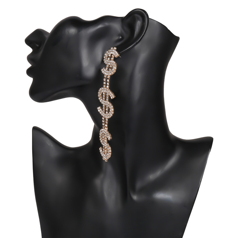 Creative Dollar Chain Design Full Rhinestone Dangle Earrings