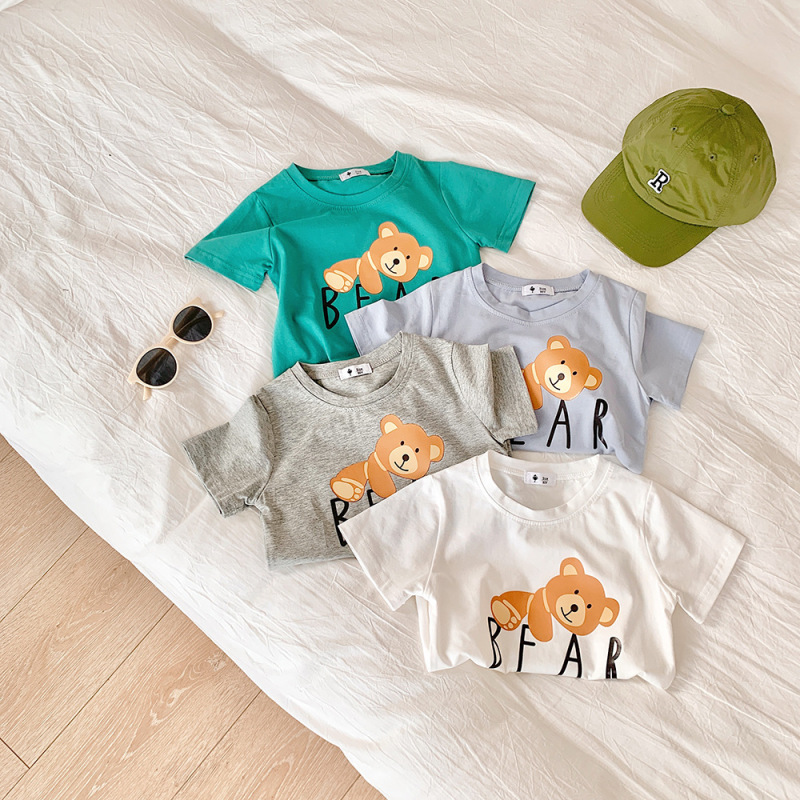 Kids Casual Cartoon Bear Letter Pattern Round Neck Short Sleeve Loose T-Shirt