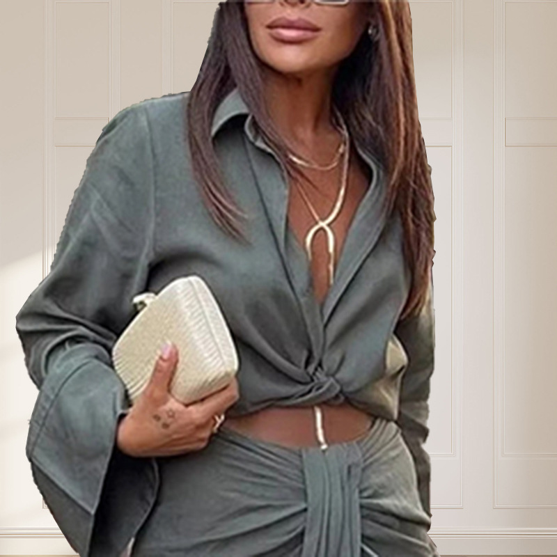 Women Sexy Fashion Elegant Solid Color Long Sleeves Knotted Blouse Skirt Casual Two-Piece Set