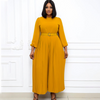 Women Solid Color Long-Sleeved Round Neck Waist Pleated Wide-Leg Jumpsuit