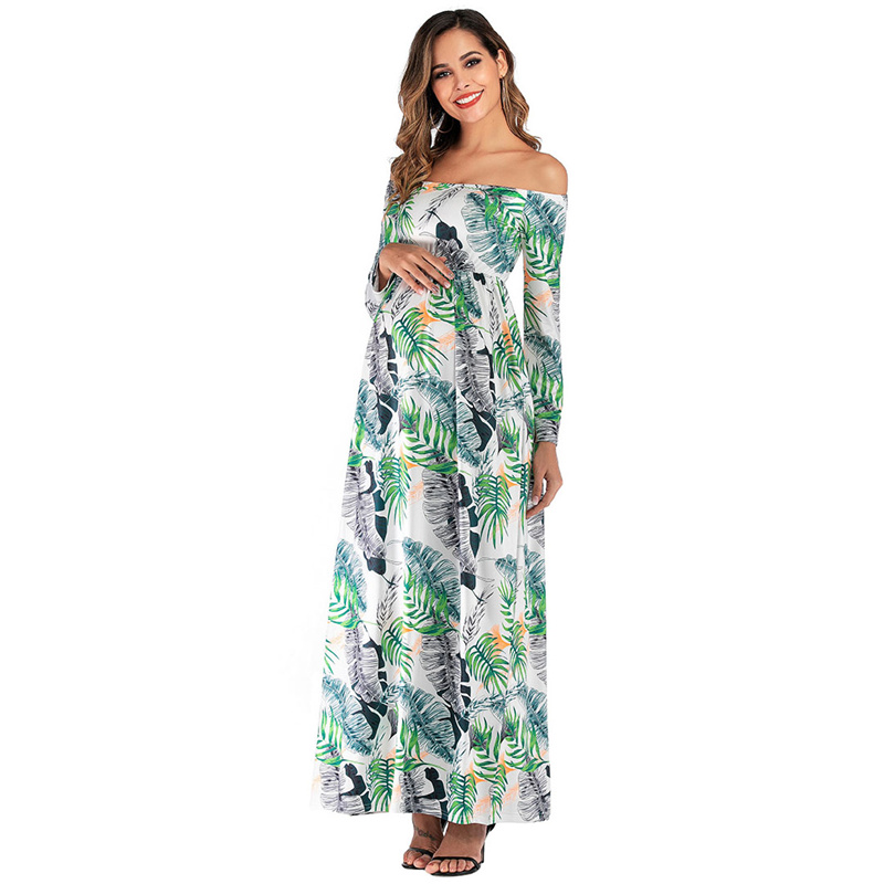 Women Fashion Leaf Printed Off-The-Shoulder Maternity Dress