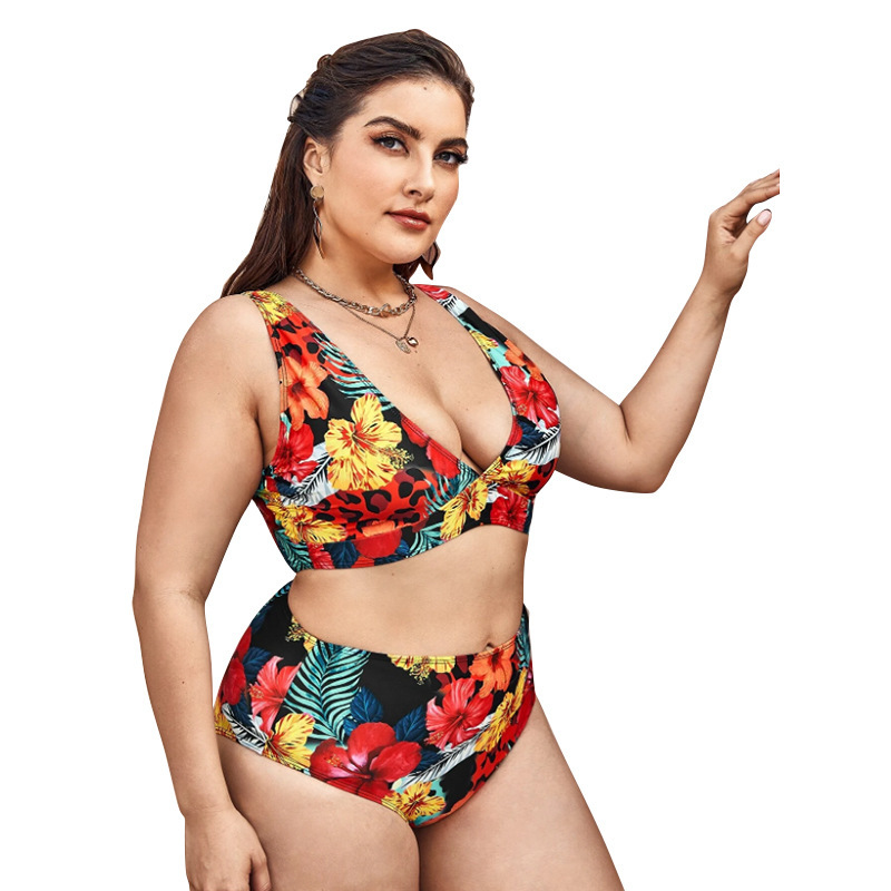 Sexy Large Size Split Bikini High Waist Wide Shoulder Straps Digital Printing Swimsuit Women