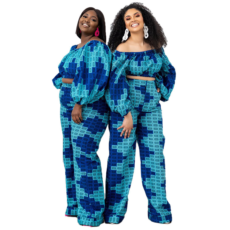 Plus Size Women Printed Boat Neck Long Sleeve Top And High Waisted Loose Pants Casual Two-Piece Set