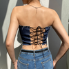 Fashionable Women Blocking Color Denim Backless Lace-Up Tube Top