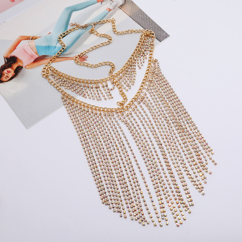 Women'S Fashion Nightclub Party Show Rhinestone Tassel Head Chain Neck Chain