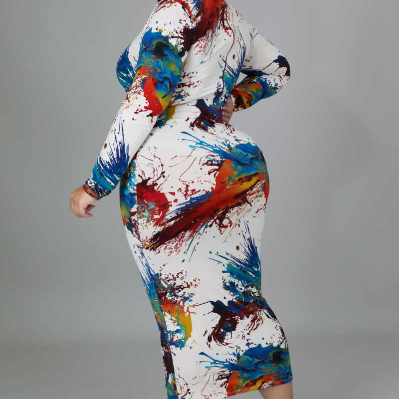 Plus Size Women Tie Dye Print Half Zipper Long Sleeve Maxi Dress