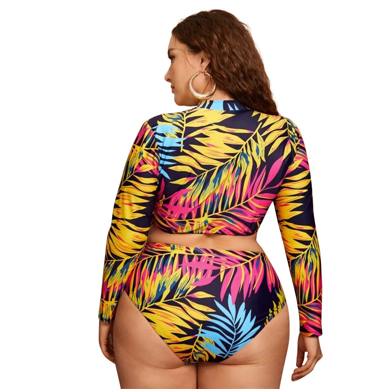 Women Fashion Long-Sleeved Zipper Leaf Print Bikini Plus Size Split High Waist Surf Swimsuit