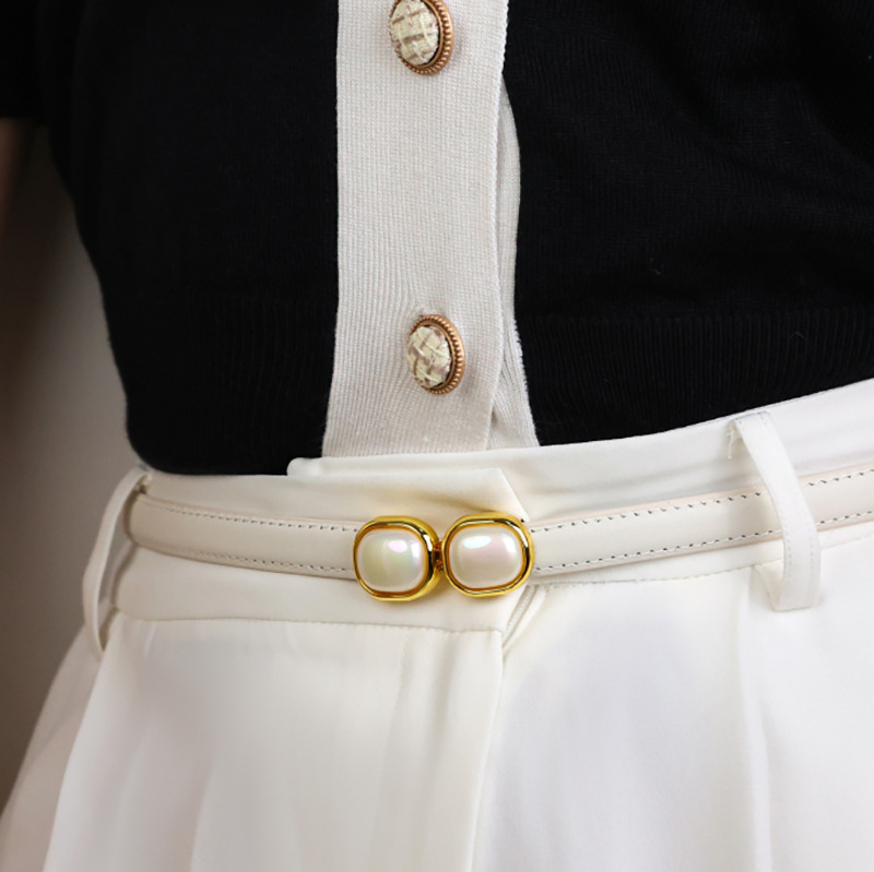 Women Fashion Simple Gold Edge Inlaid Pearl Round Buckle Belt