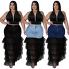 Plus Size Women Denim Layered Mesh Patchwork Skirt Halter Top Set