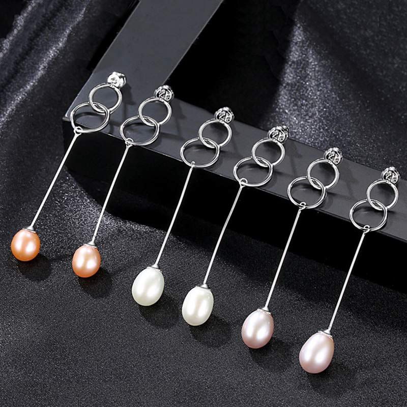 Simple Long Length Design Women Sterling Silver Natural Pearl Earrings