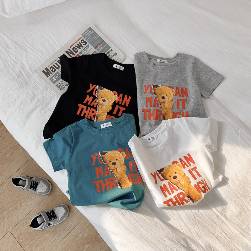 Kids Casual Round Neck Short Sleeve Cartoon Bear Letter Pattern Loose T-Shirt