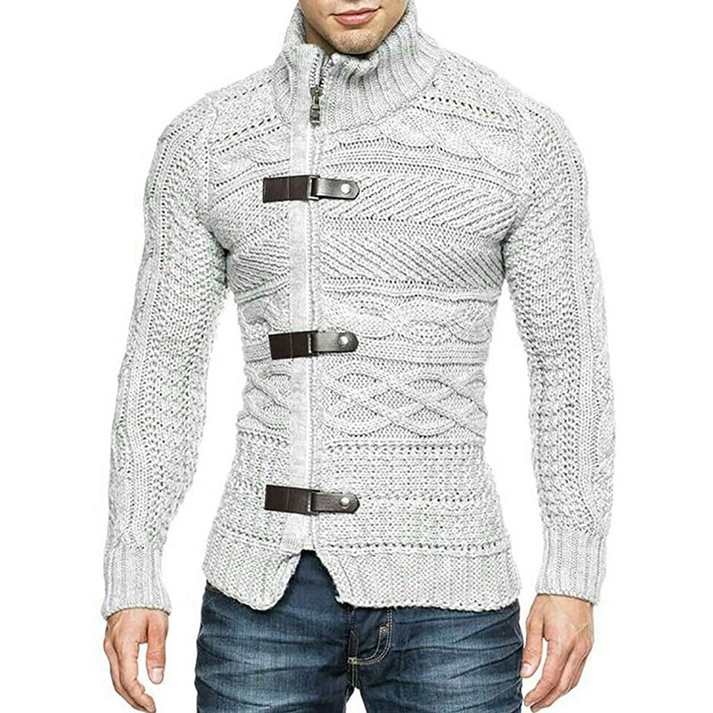 Men Fashion Leather Button Long Sleeve Knitted Cardigan