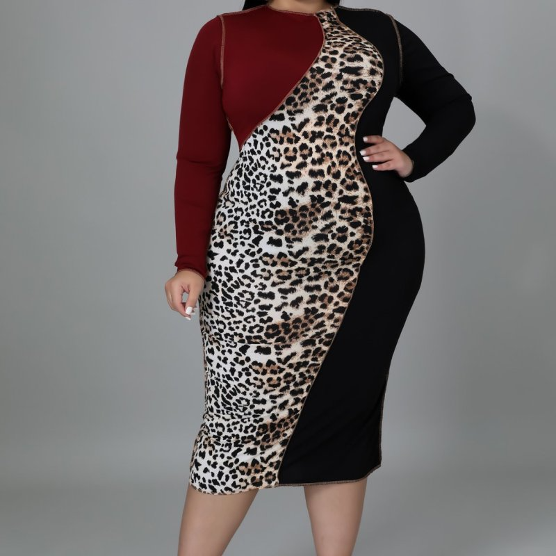 Plus Size Women'S Leopard Print Color Blocking Long Sleeve Midi Dress