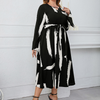 Fashion Women Casual Elegant Long Sleeved Black And White Printing Maxi Dress