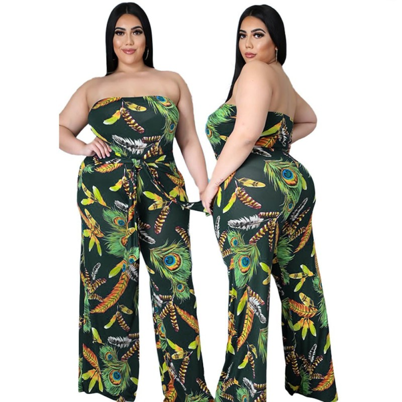 Plus Size Women Printed Tube Top Waist Wide-Leg Casual Jumpsuit