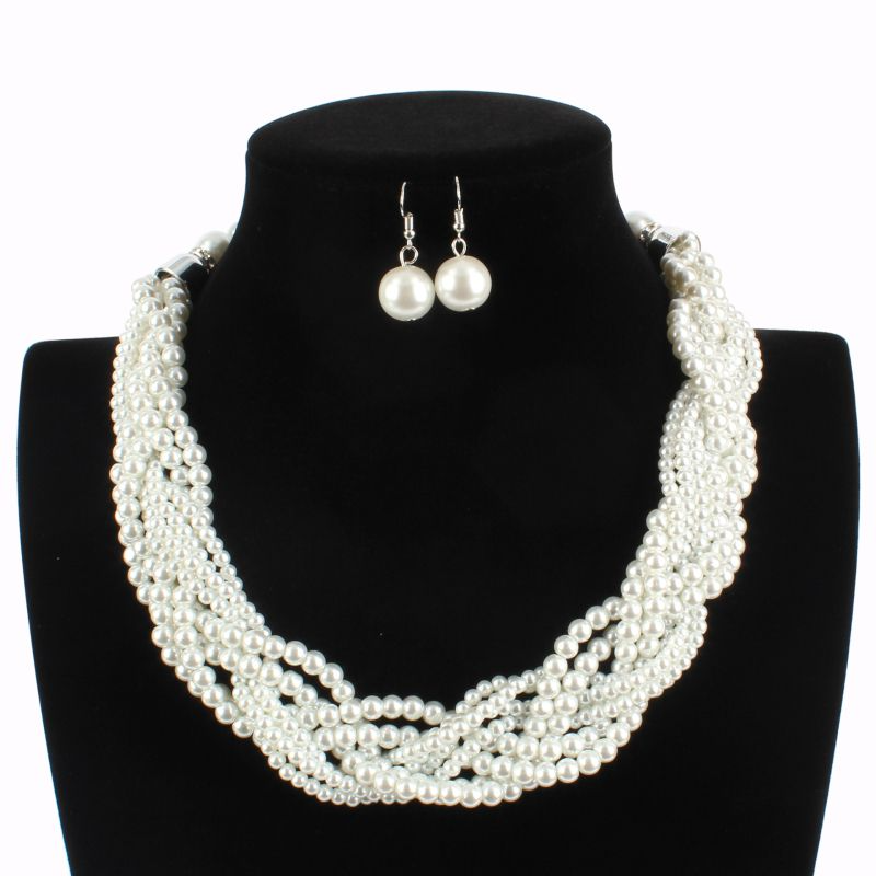 Exaggerated Multicolor Pearl Braided Design Women Party Necklace Set