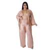 Plus Size Women Solid Color Lapel Long-Sleeved Top And Bra And Wide-Leg Pants Loose Casual Three-Piece Set