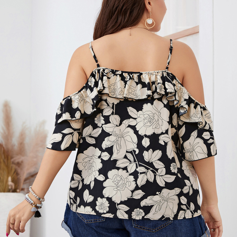 Women Plus Size Fashion Flower Print Chiffon Off Collar Sling Blouse