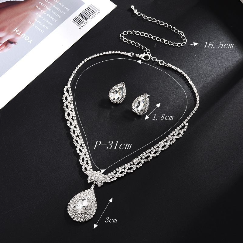 Women Shiny Rhinestone Design Drop Shape Pendant Necklace Earrings Set