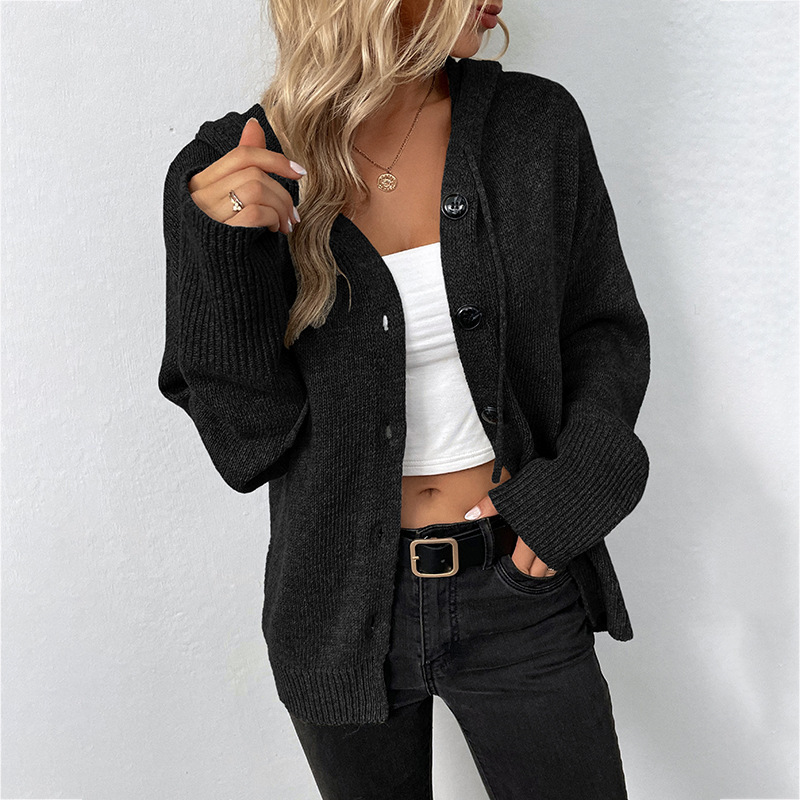 Women Casual Solid Color Hooded Single-Breasted Long Sleeve Knitted Cardigan Sweater