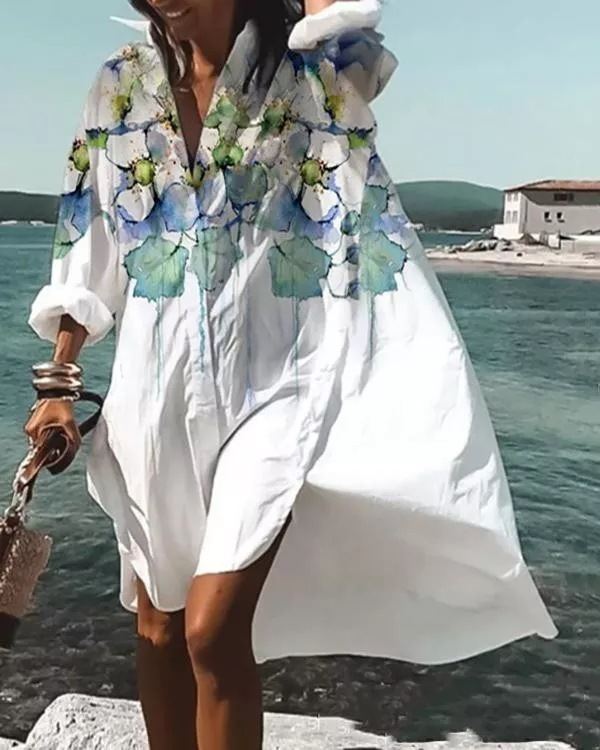 Women Fashion Casual Loose Lapel Mid-Length Floral Print Shirt Dress