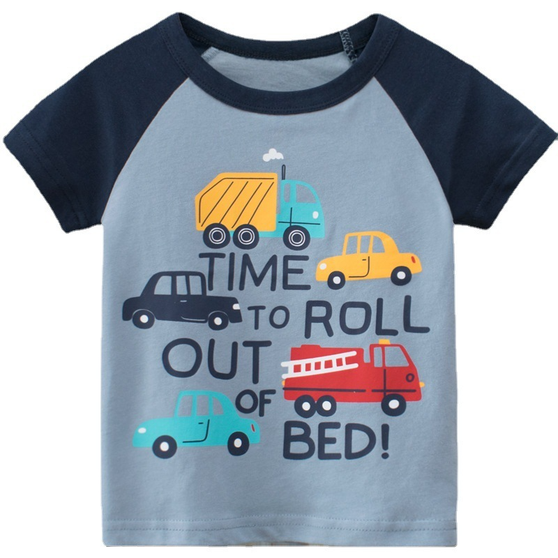 Boys Basic Cartoon Car Letter Round Neck Short-Sleeved T-Shirt