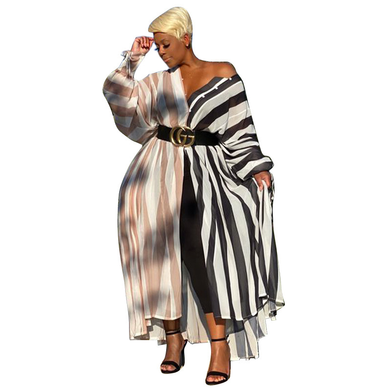 Women Plus Size Fashion Stripe Print Dress