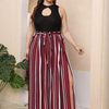 Plus-Size Women Color Blocking Stripe Pattern High-Slit Wide-Leg Casual Vacation Pants