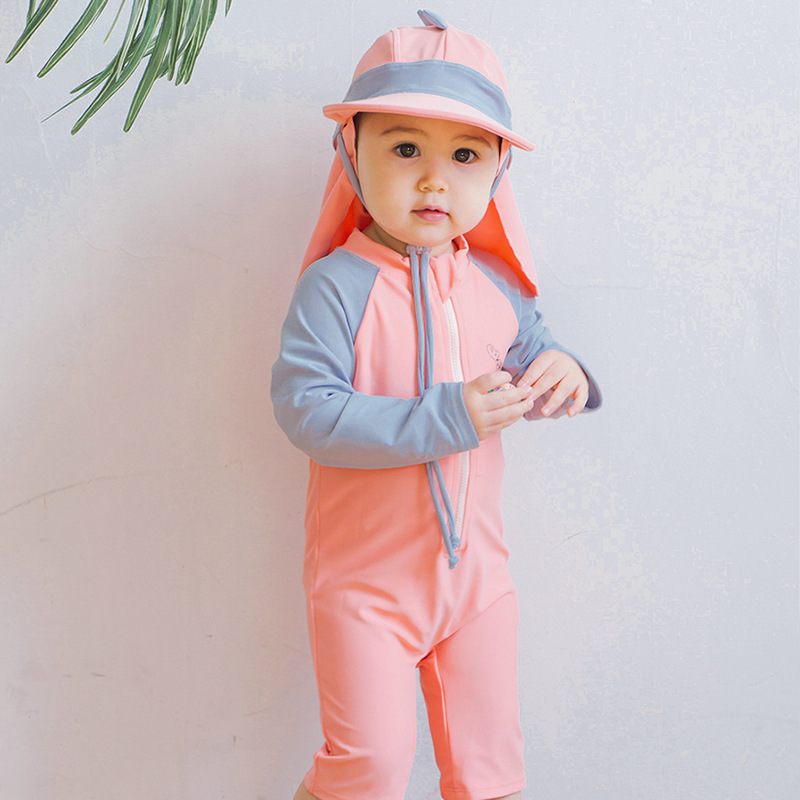 Kids Cute Cartoon Dinosaur Long Sleeve Swimwear With Cap