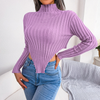 Women Sexy Half Turtleneck Long-Sleeved Asymmetric Hem Knitted Solid Color Sweater