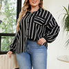 Women Plus Size Casual Loose Lapel Stripe Shirt