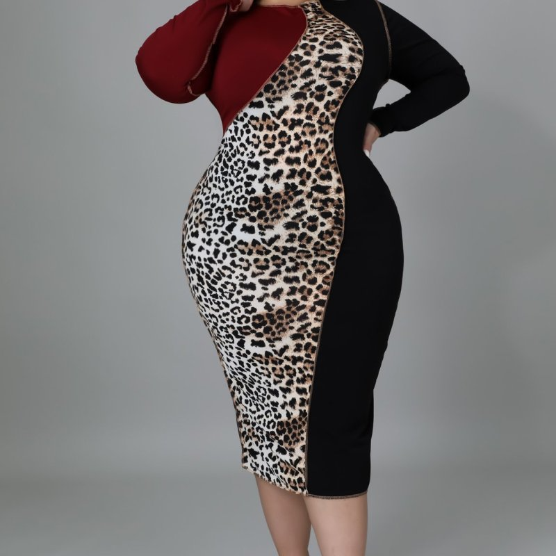 Plus Size Women'S Leopard Print Color Blocking Long Sleeve Midi Dress