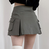 Women Denim Solid Color High Waist Pocket Pleated Skirt