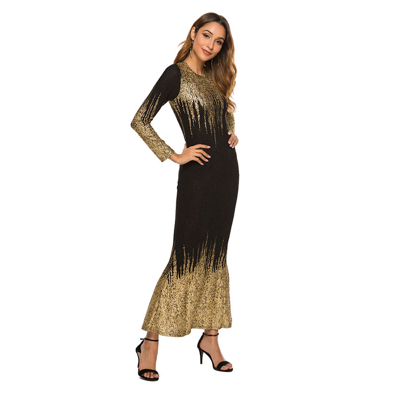 Fashion Sequins Round Collar Long-Sleeve Slim Maxi Dress