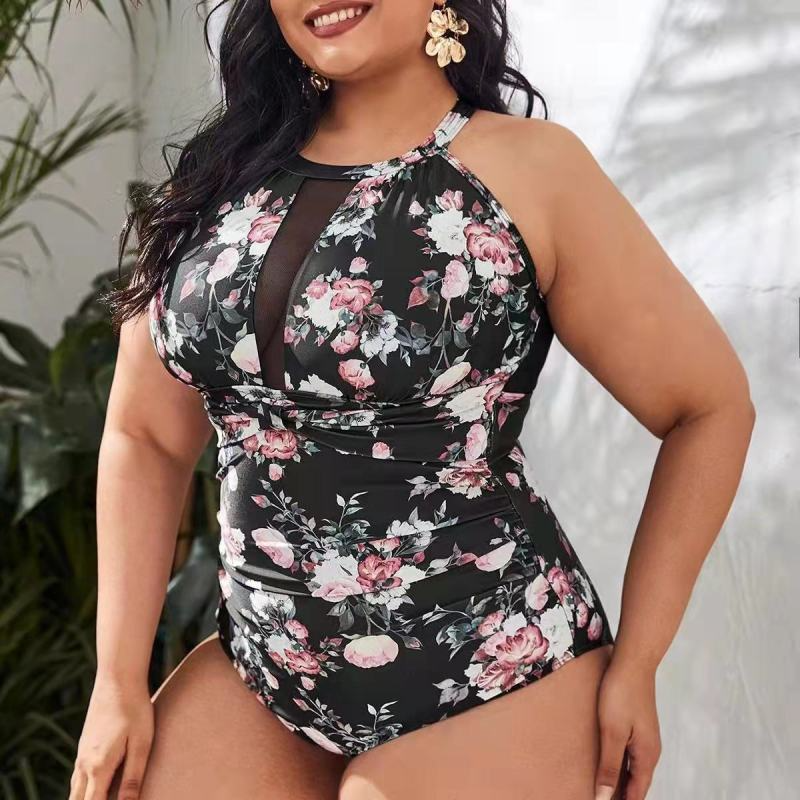 One-Piece Plus-Size Bikini Retro Printing Mesh Stitching Tight Swimsuit For Women