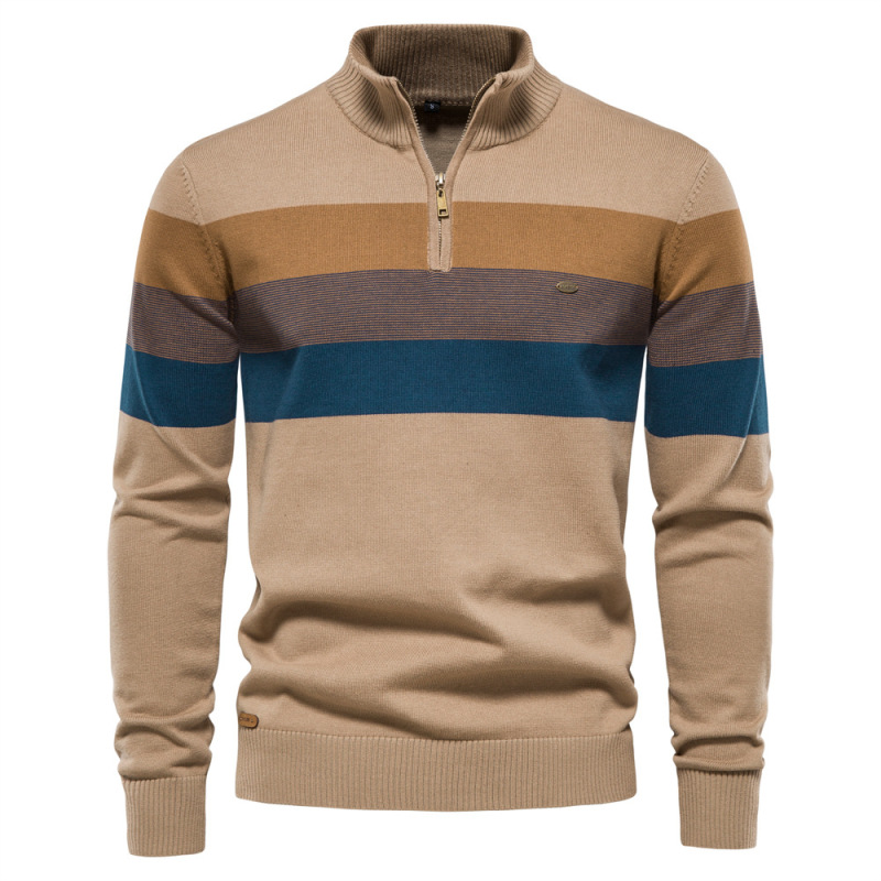 Men Stand Collar Long Sleeve Color Block Sweater