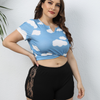 Plus Size Women White Cloud Print Casual Short-Sleeved Crop Top