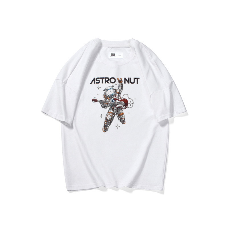 Kids Boys Casual Cartoon Spaceman Letter Pattern Round Neck Short Sleeve Breathable Loose T-Shirt