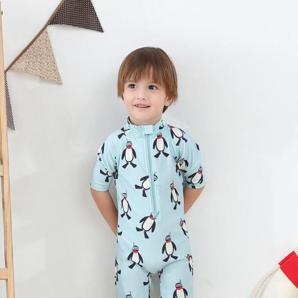 2 Pcs Boys Cute Penguin Printed Swimwear And Cap