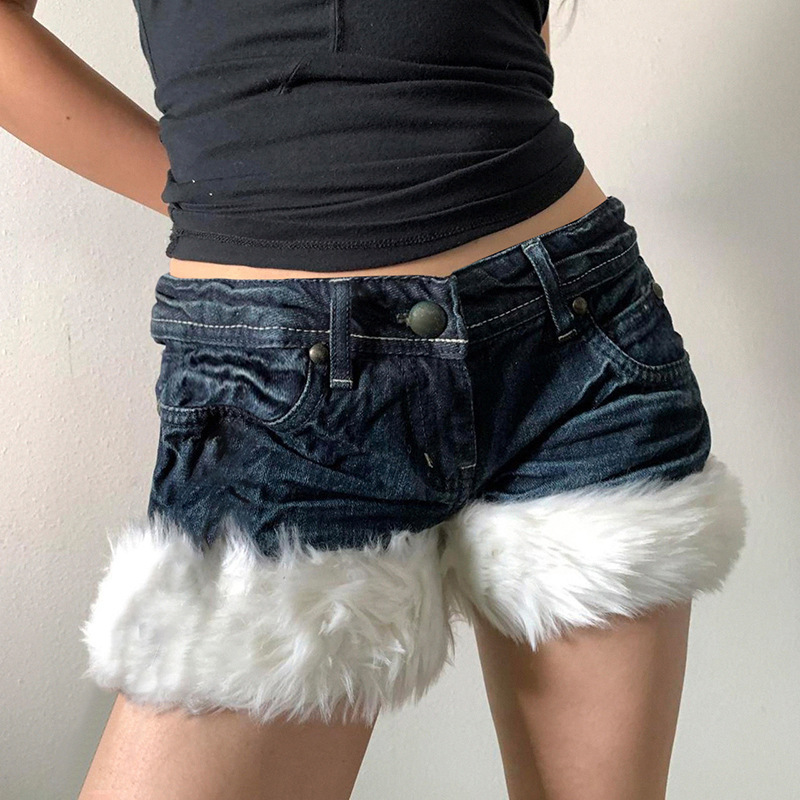 Women Denim Plush Panel Casual Low Waist Denim Shorts