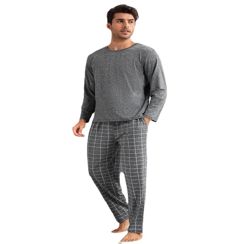 Men Casual Round Neck Long Sleeve Pajamas Plaid Trousers Suit