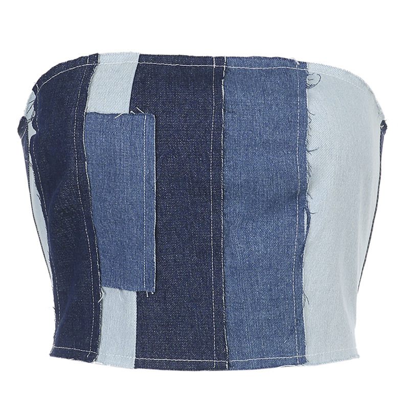 Fashionable Women Blocking Color Denim Backless Lace-Up Tube Top