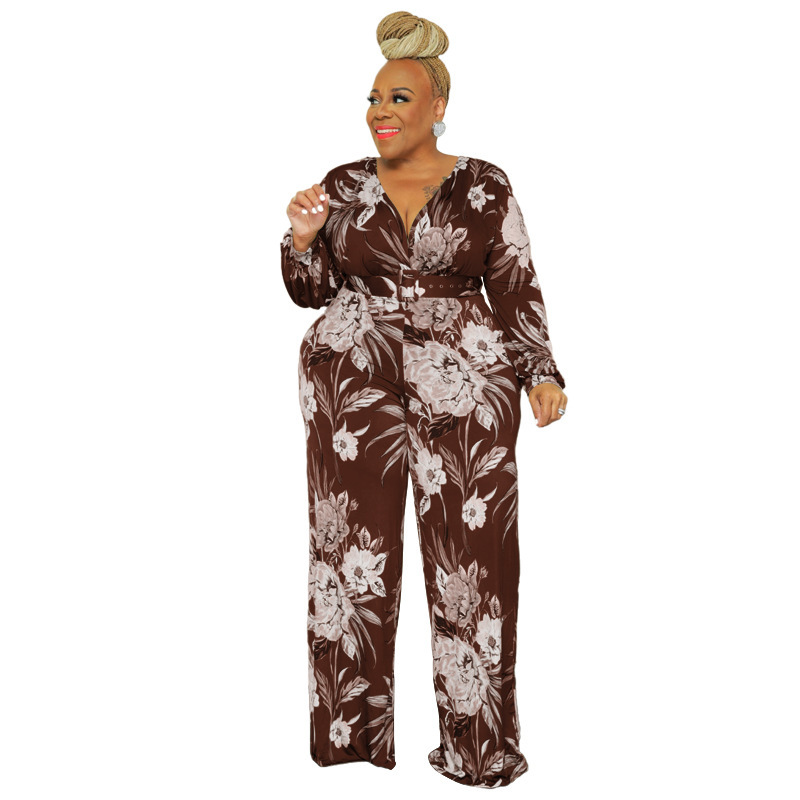 Plus Size Women Printed V-Neck Long-Sleeved Waist Fashion Wide-Leg Jumpsuit