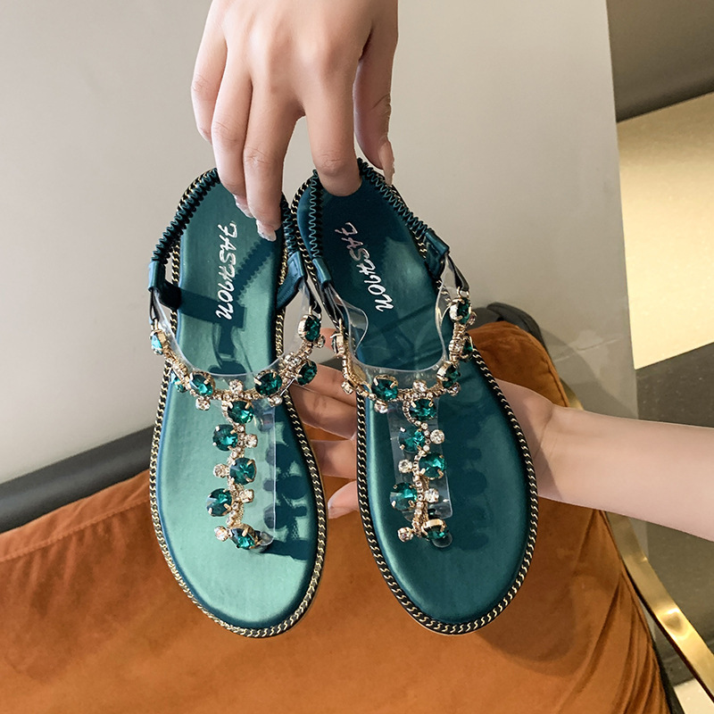 Women Fashion Thong Bohemian Rhinestone Beach Flat Sandals