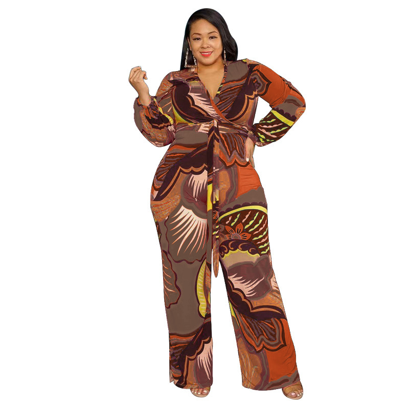 Plus Size Women V-Neck Printed Long-Sleeved Fashion Wide-Leg Jumpsuit