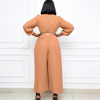 Women Solid Color Long-Sleeved Round Neck Waist Pleated Wide-Leg Jumpsuit