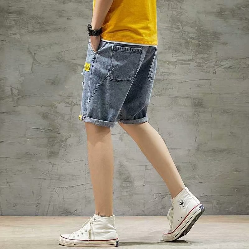 Men Casual Mid Waist Drawstring Logo Applique Straight Ripped Denim Shorts